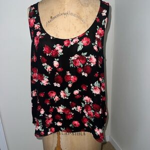 Forever 21 Black Floral Scoop Tank with Red Rose Print